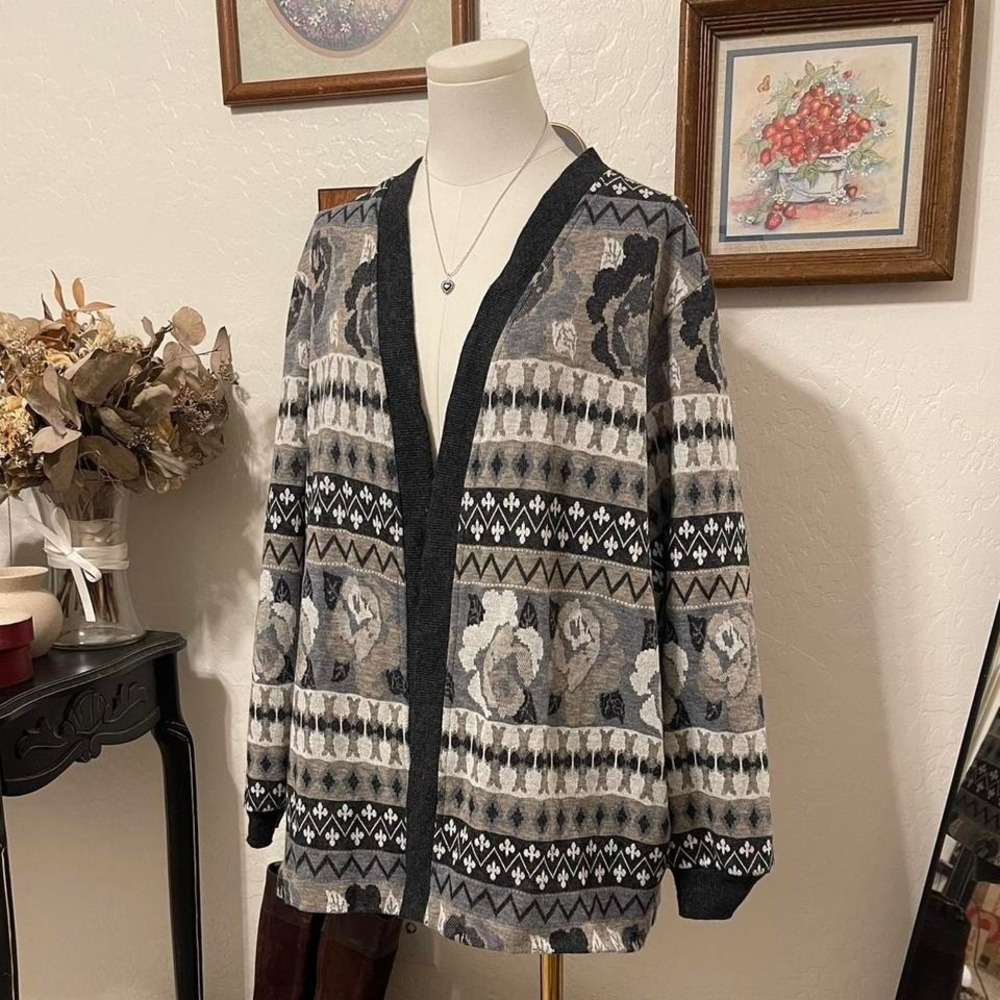Vintage 1980s Floral Checkered Argile Cottagecore Grandma Knit Cardigan